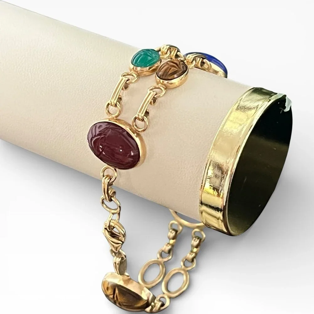 Vintage Carla 14k Yellow Gold Two Strands Multi Gemstone 10 Scarab Bracelet 7